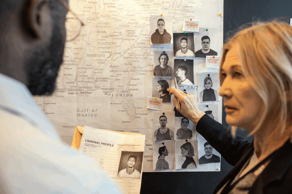 blond confident female detective pointing at photo 2025 04 02 18 17 18 utc